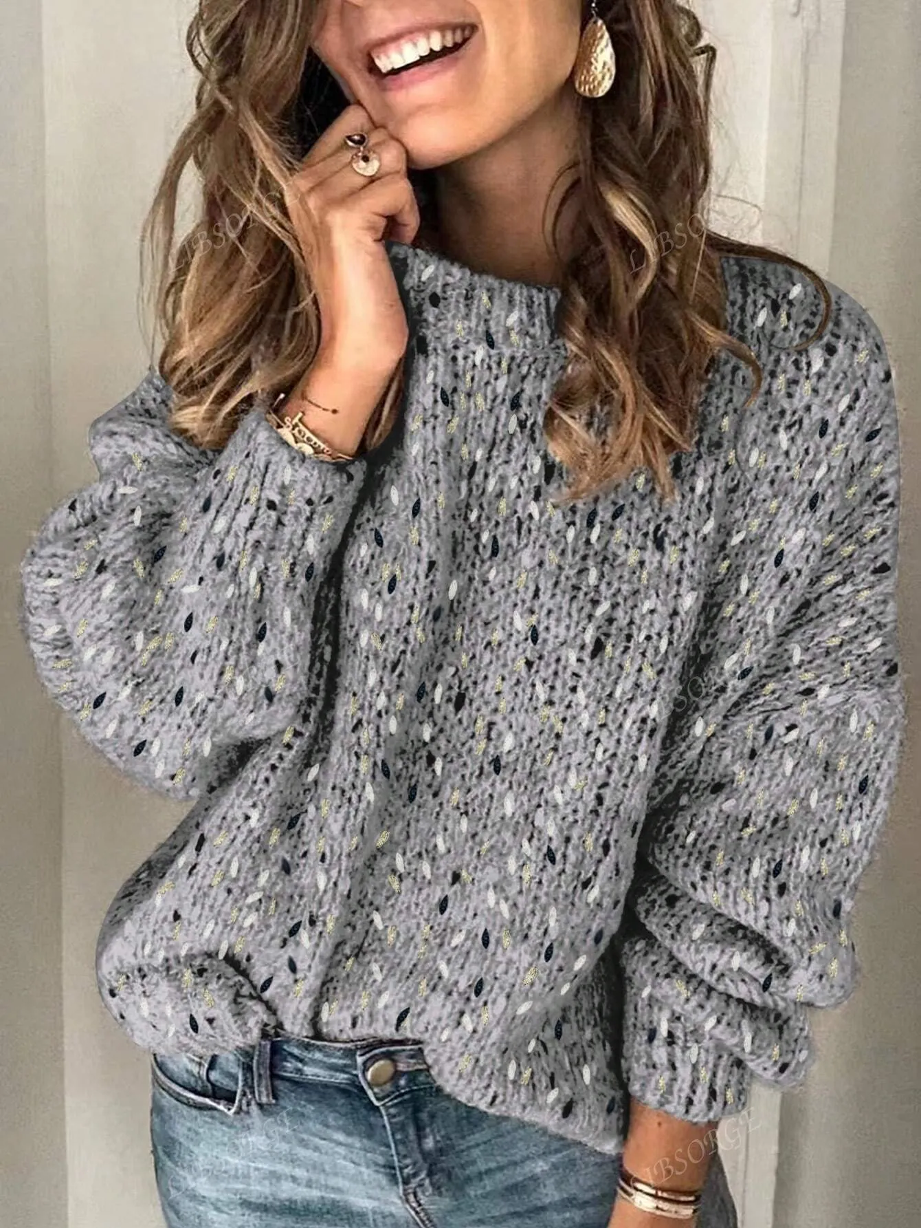 AFTA Crew Neck Lantern Sleeve Sweater