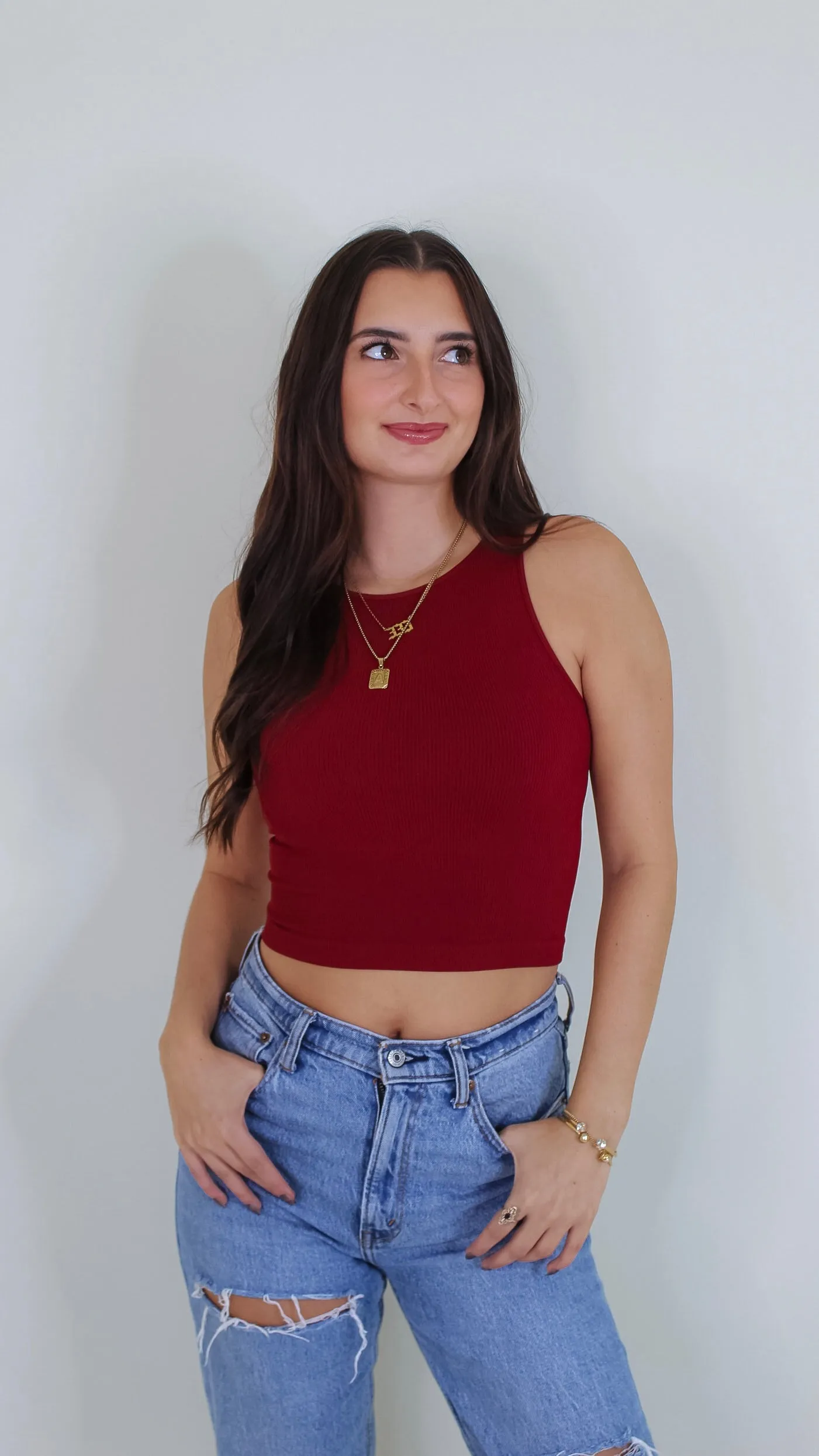 Aimee Ribbed Highneck Crop Top - Sundried Tomato