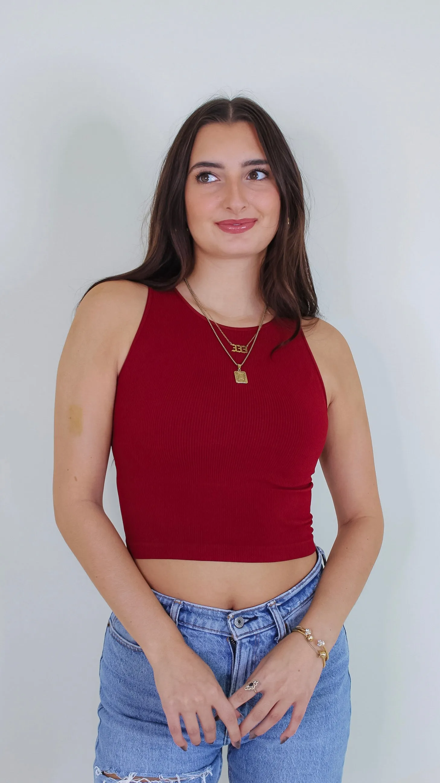 Aimee Ribbed Highneck Crop Top - Sundried Tomato