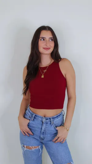 Aimee Ribbed Highneck Crop Top - Sundried Tomato