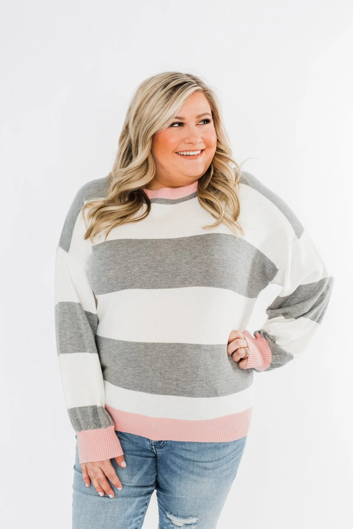 All My Life Striped Sweater- Grey & Pink