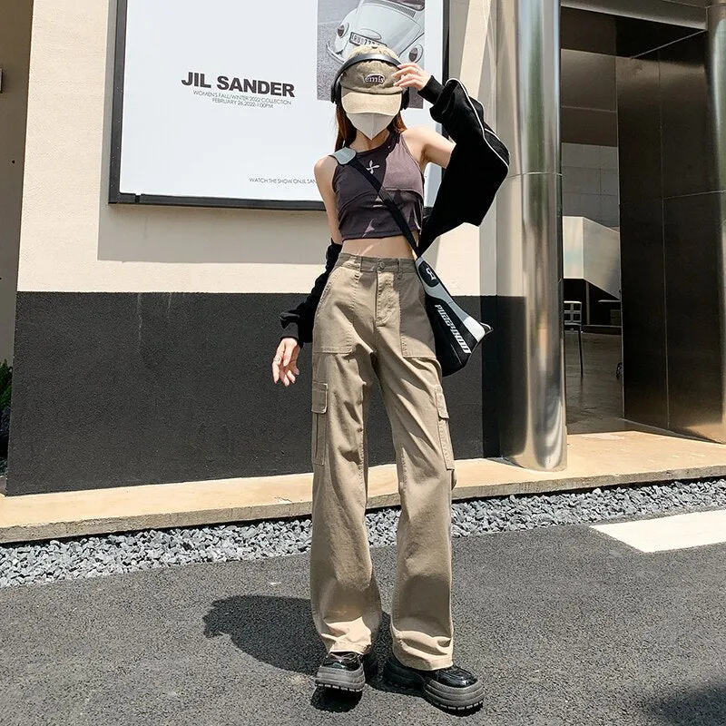 American Retro Khaki Green Pockets Cargo Pants Women 90s Baggy Workwear Jeans Female Straight Loose Wide Leg Trousers Summer Y2k