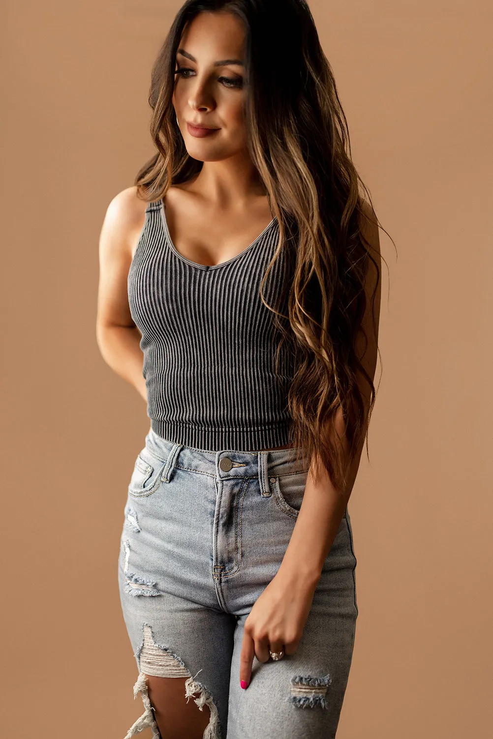 Aria Washed Ribbed Padded Tank (Deep Camel)
