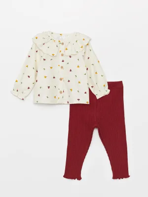 Baby Collar Patterned Baby Girl Blouse and Tights, 2-pack