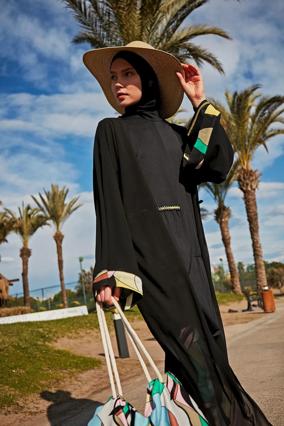 Black & Yellow Patterned 4-Piece Lycra Full-Coverage Modest Swimwear