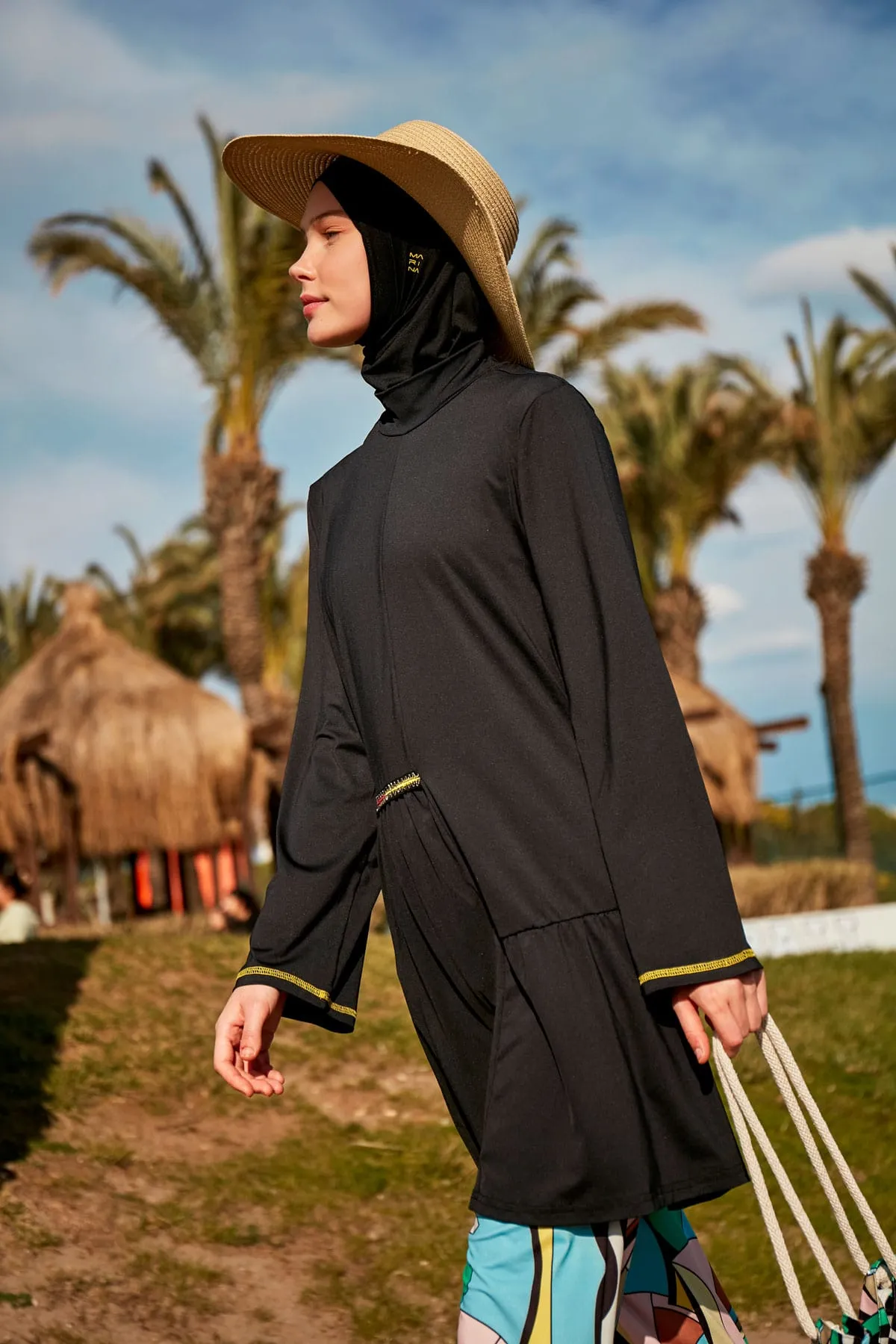 Black & Yellow Patterned 4-Piece Lycra Full-Coverage Modest Swimwear