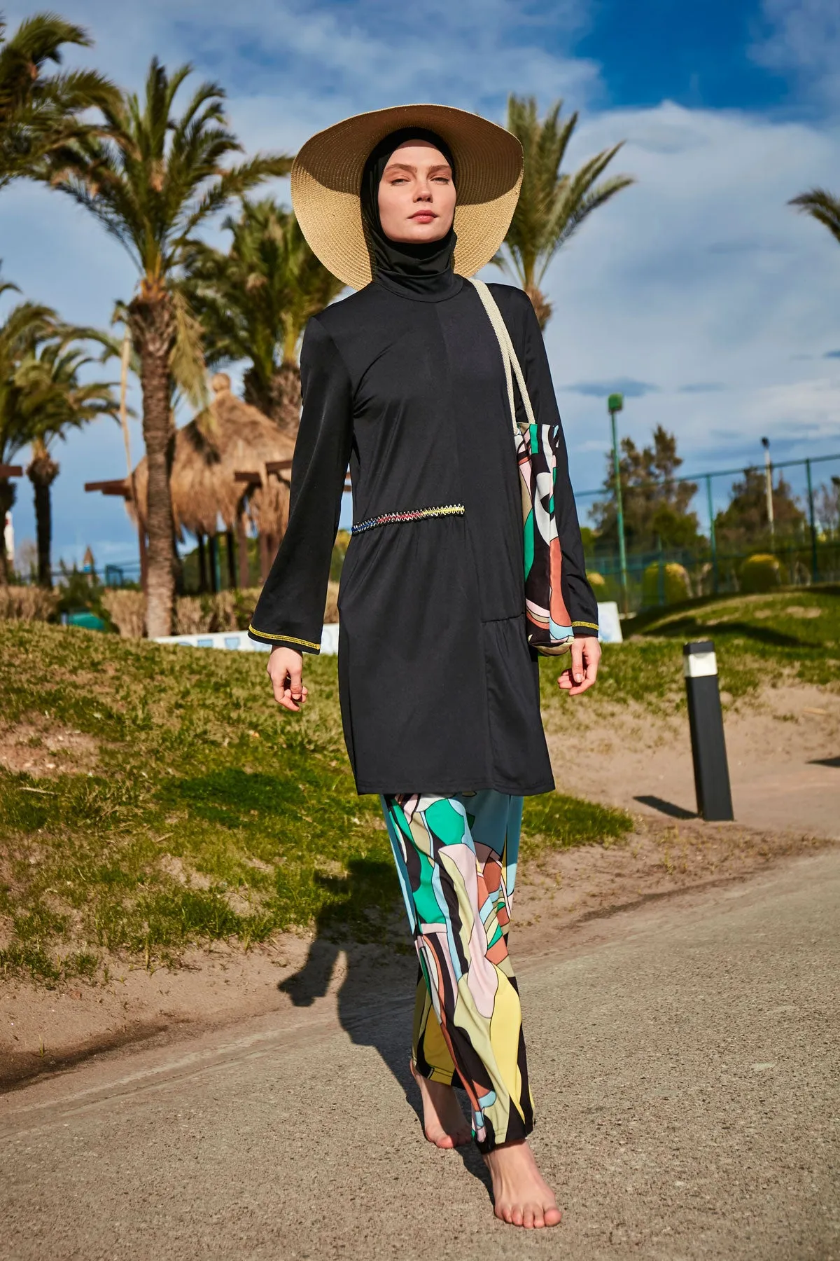 Black & Yellow Patterned 4-Piece Lycra Full-Coverage Modest Swimwear