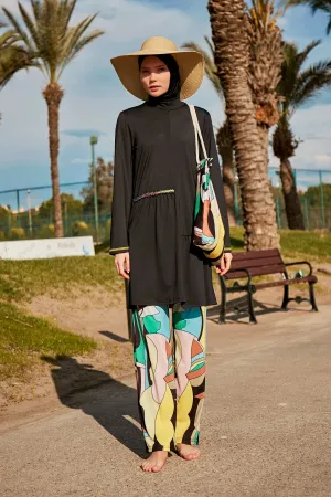 Black & Yellow Patterned 4-Piece Lycra Full-Coverage Modest Swimwear