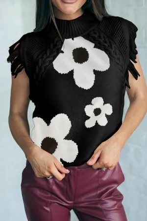 Black Floral Woven Knit Stand Neck Fringed Sweater Vest