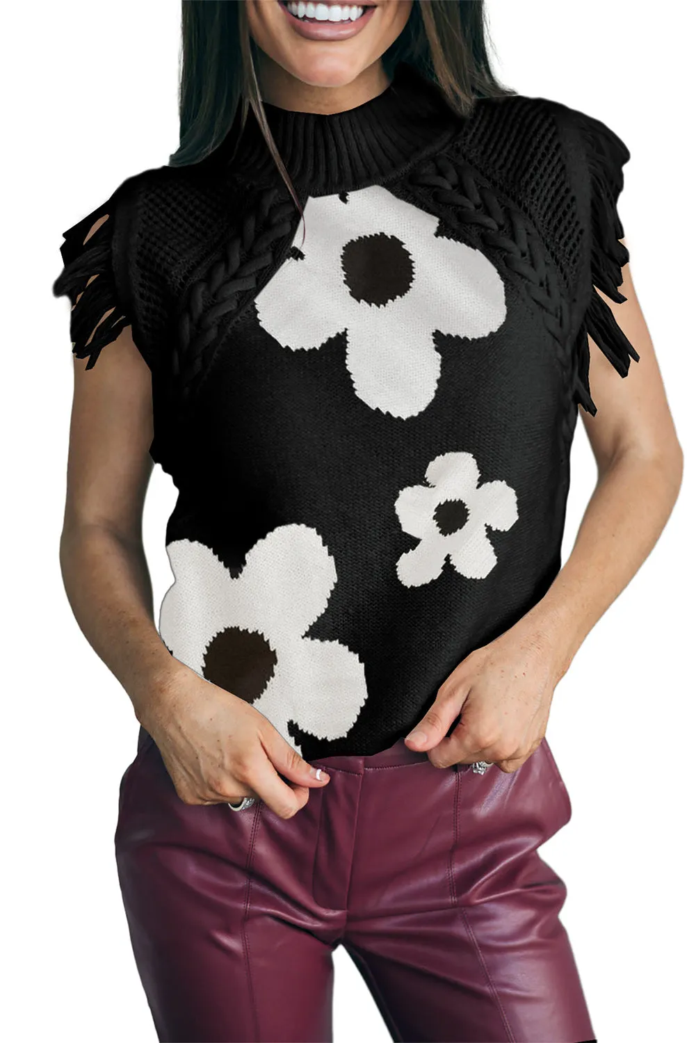 Black Floral Woven Knit Stand Neck Fringed Sweater Vest