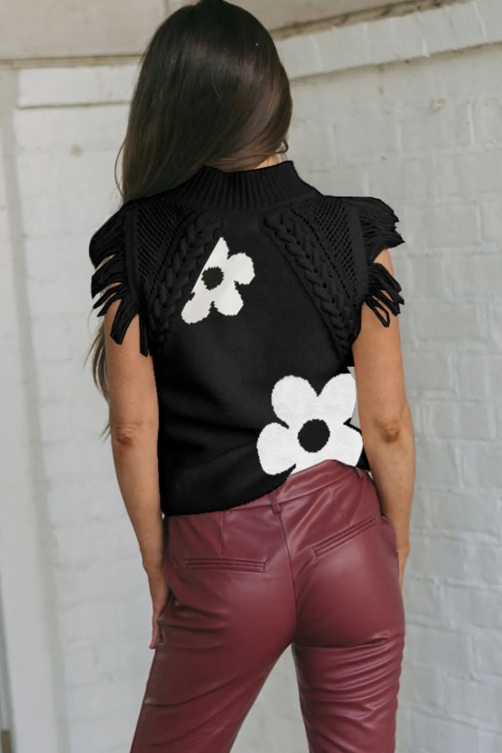 Black Floral Woven Knit Stand Neck Fringed Sweater Vest