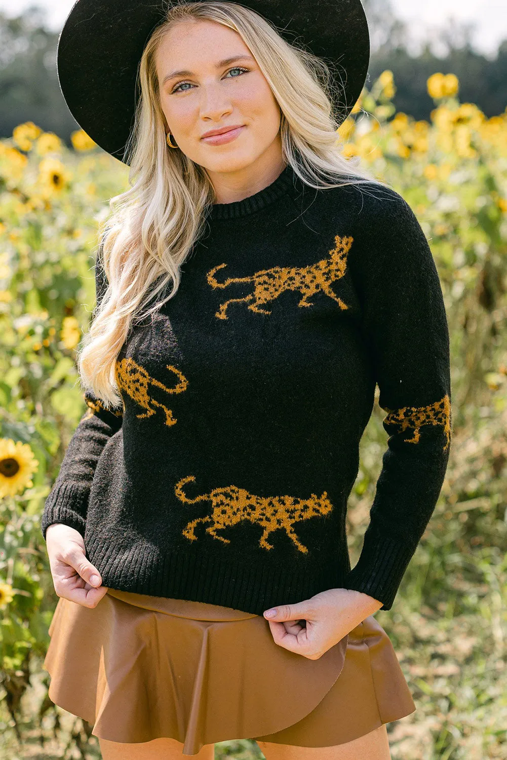 Black Leopard Animal Knit Round Neck Sweater