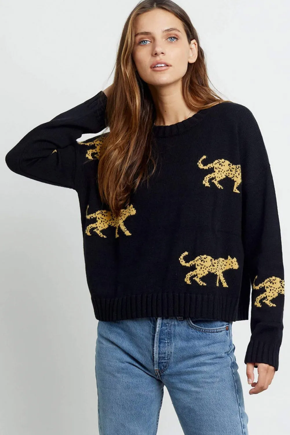 Black Leopard Animal Knit Round Neck Sweater
