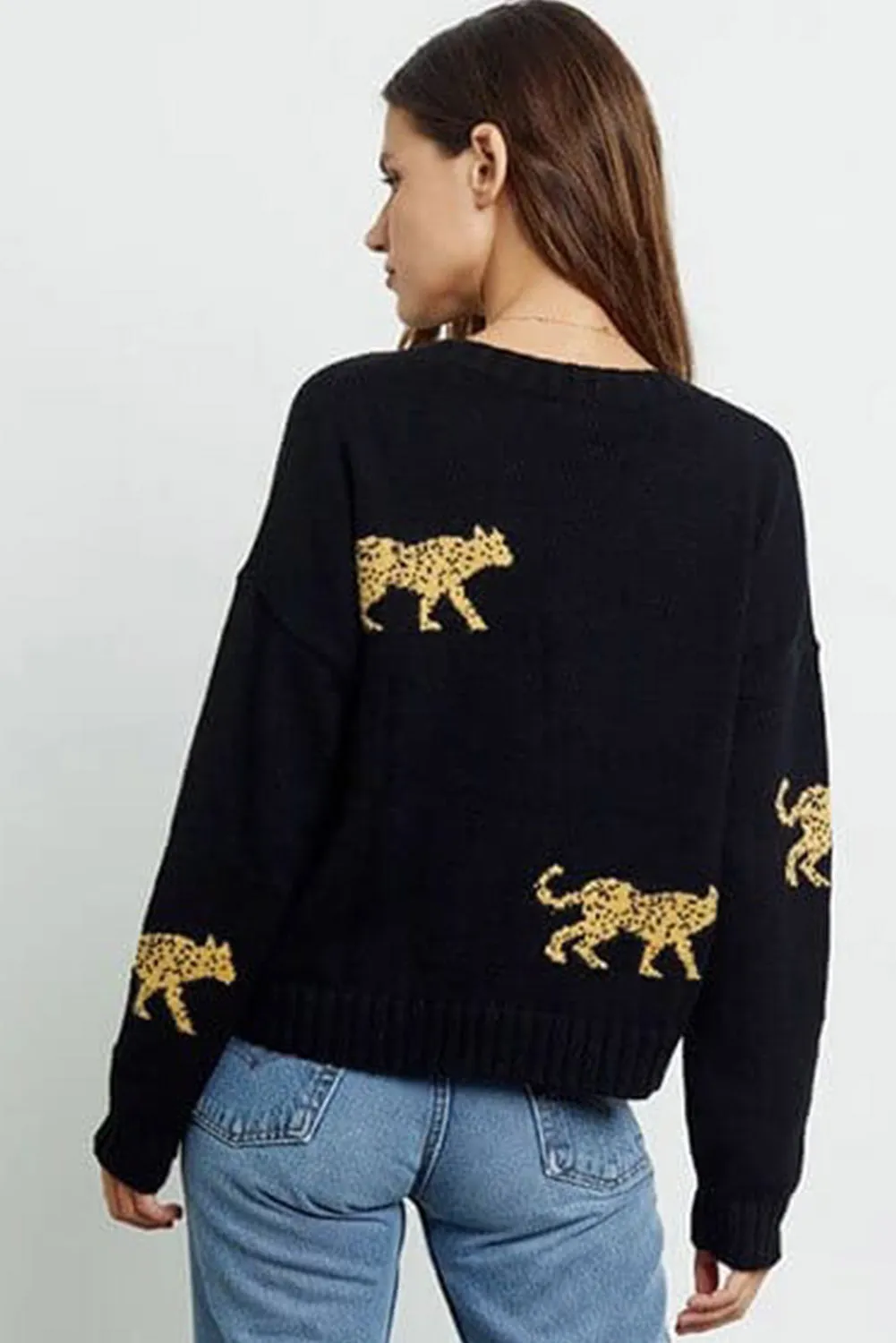 Black Leopard Animal Knit Round Neck Sweater