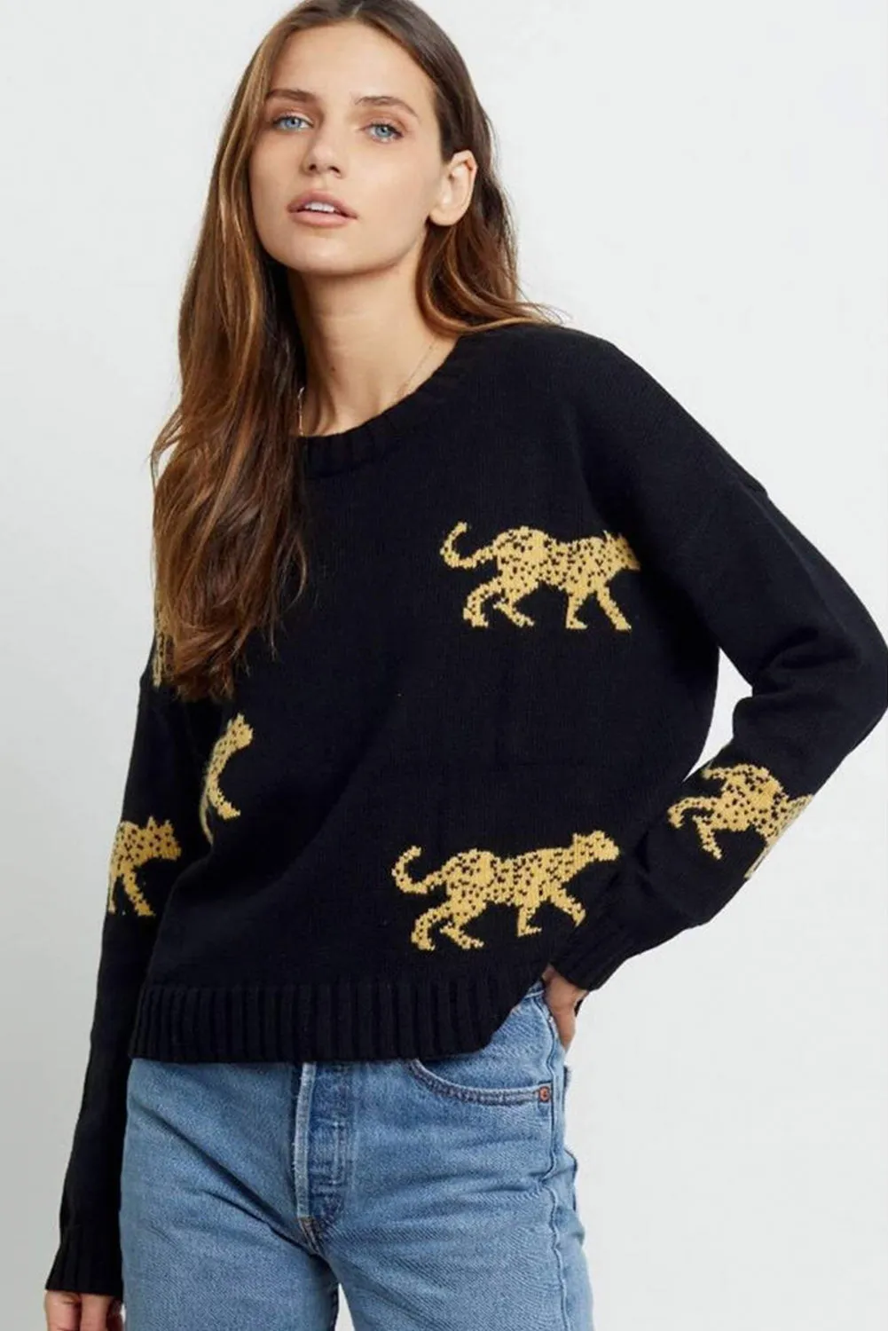 Black Leopard Animal Knit Round Neck Sweater