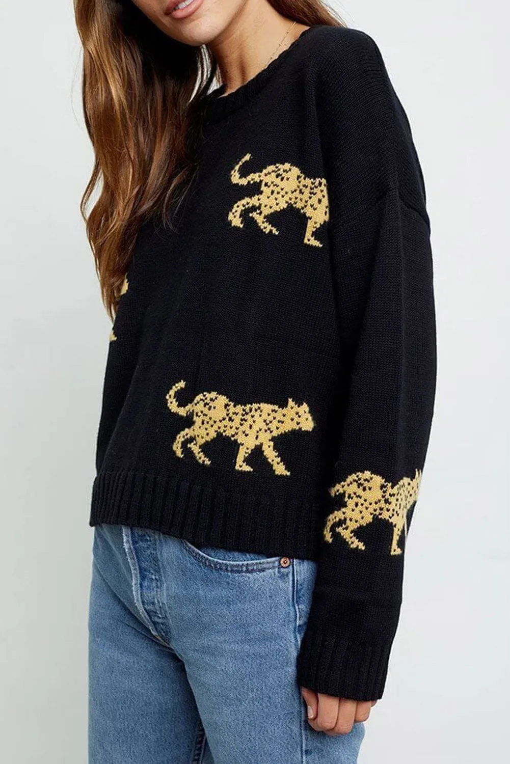 Black Leopard Animal Knit Round Neck Sweater