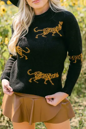 Black Leopard Animal Knit Round Neck Sweater