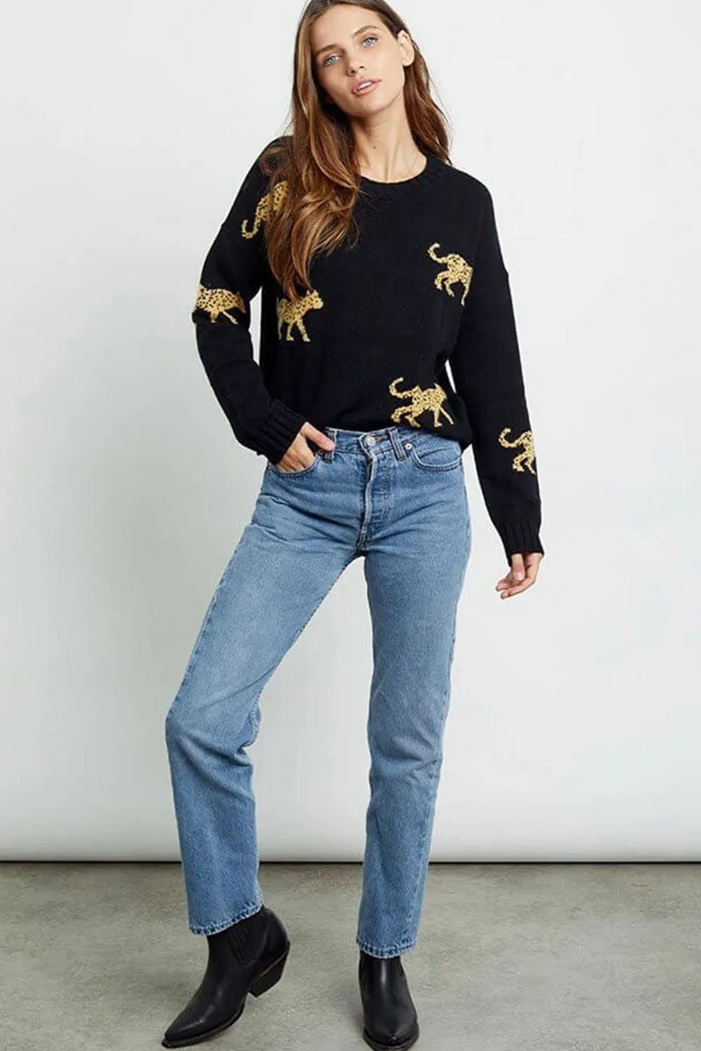 Black Leopard Animal Knit Round Neck Sweater