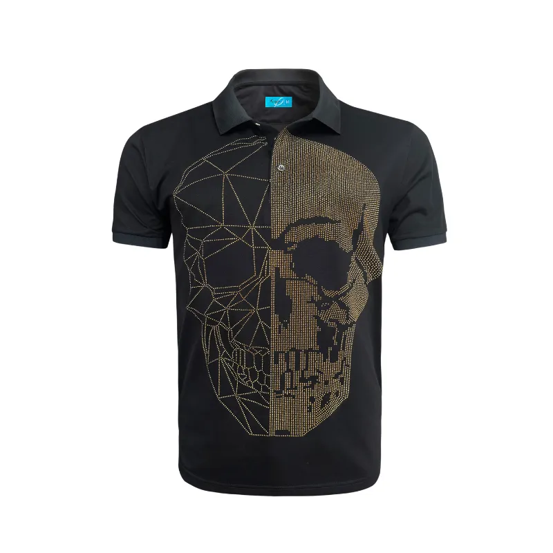 Black Polo with Black Gold Crystal Skull Design 2109