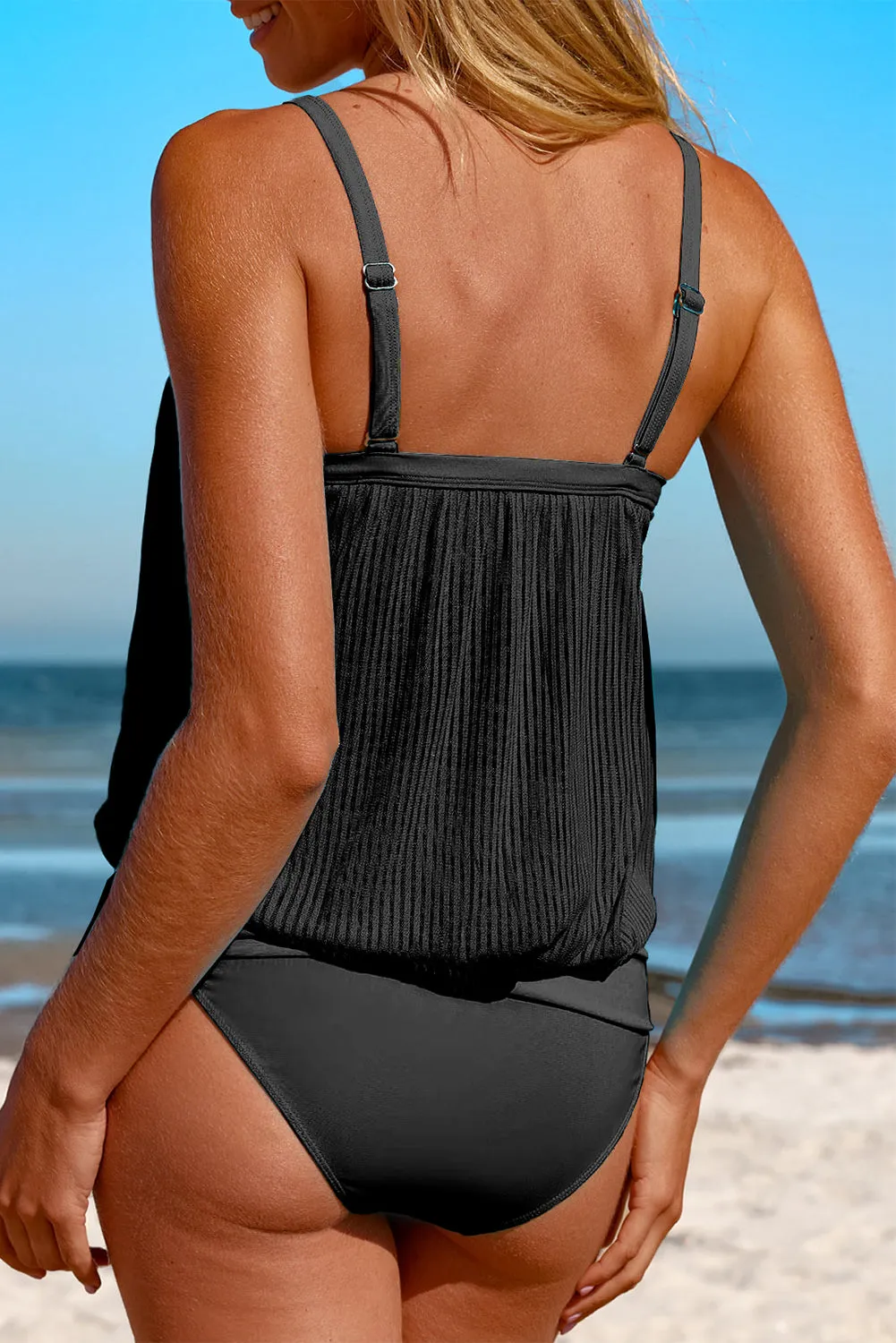 Black Ribbed Adjust Straps Knot Tankini Swimsuit