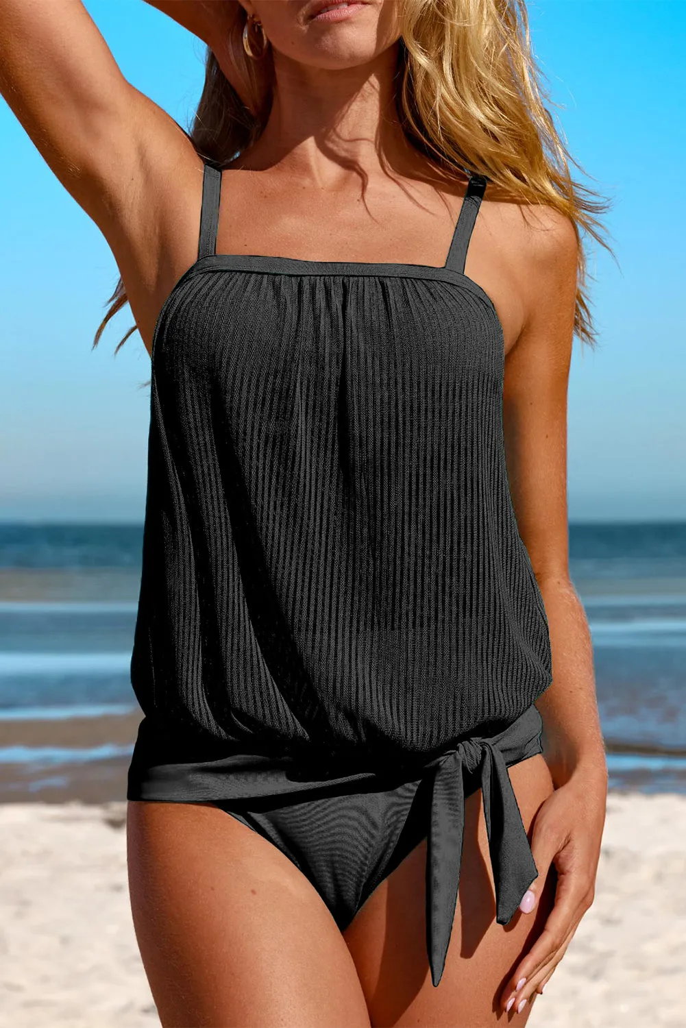 Black Ribbed Adjust Straps Knot Tankini Swimsuit