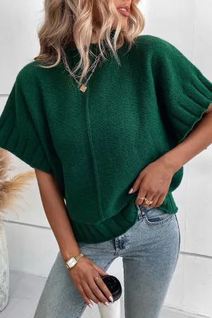 Blackish Green Mock Neck Batwing Sleeve Knit Sweater