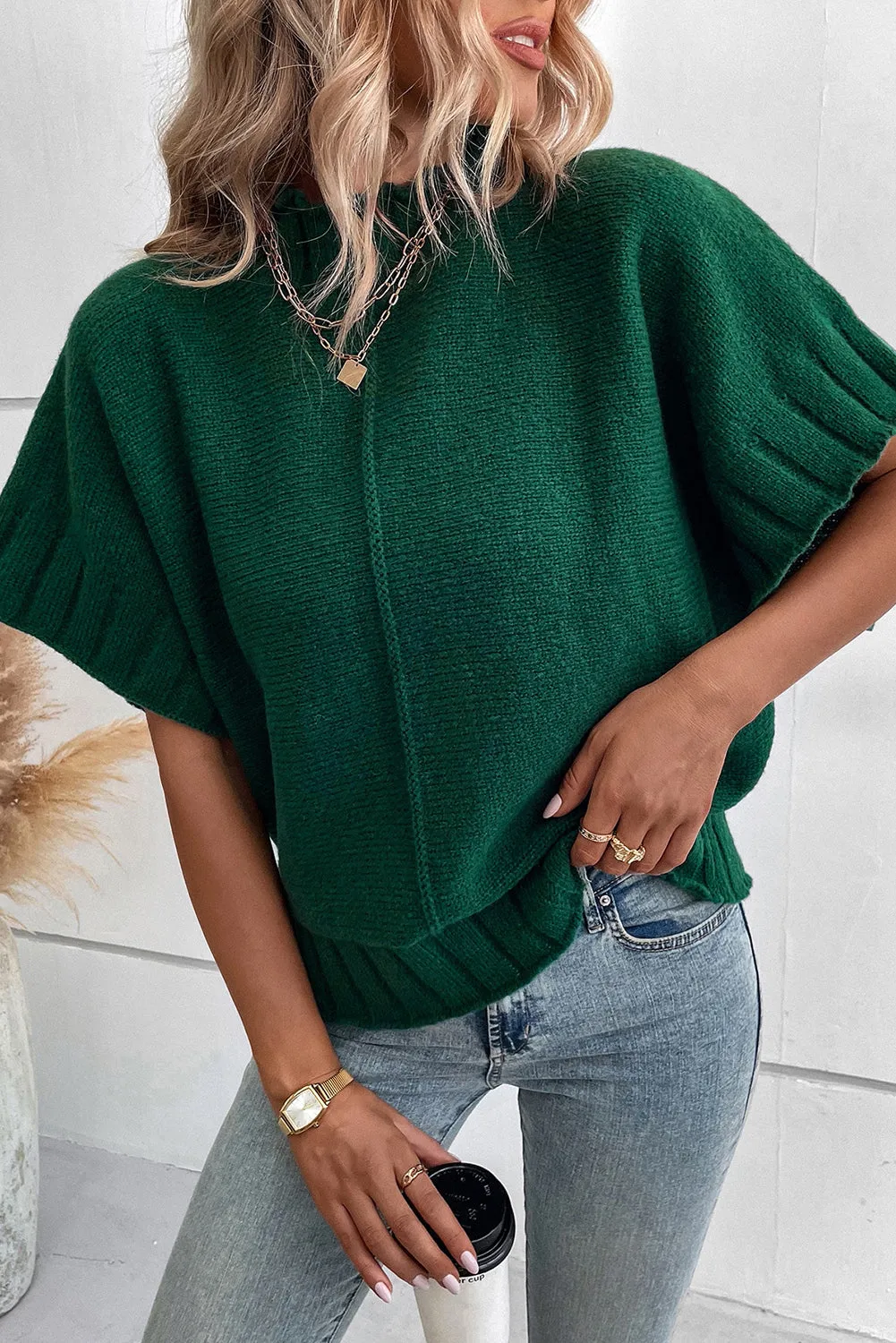 Blackish Green Mock Neck Batwing Sleeve Knit Sweater