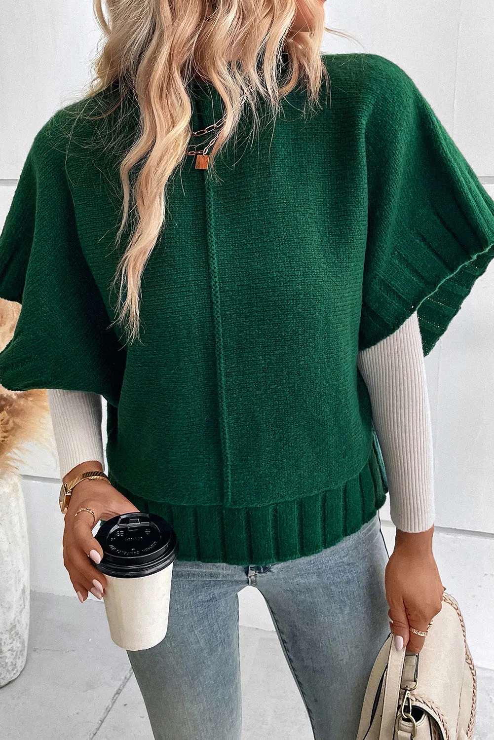 Blackish Green Mock Neck Batwing Sleeve Knit Sweater
