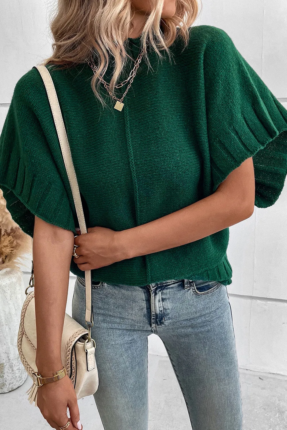 Blackish Green Mock Neck Batwing Sleeve Knit Sweater