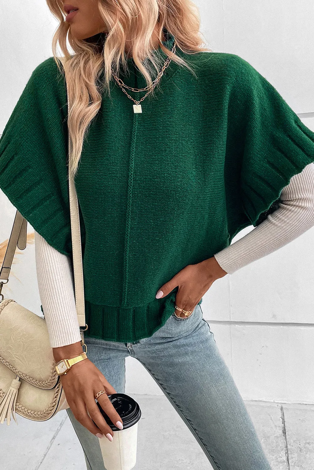 Blackish Green Mock Neck Batwing Sleeve Knit Sweater