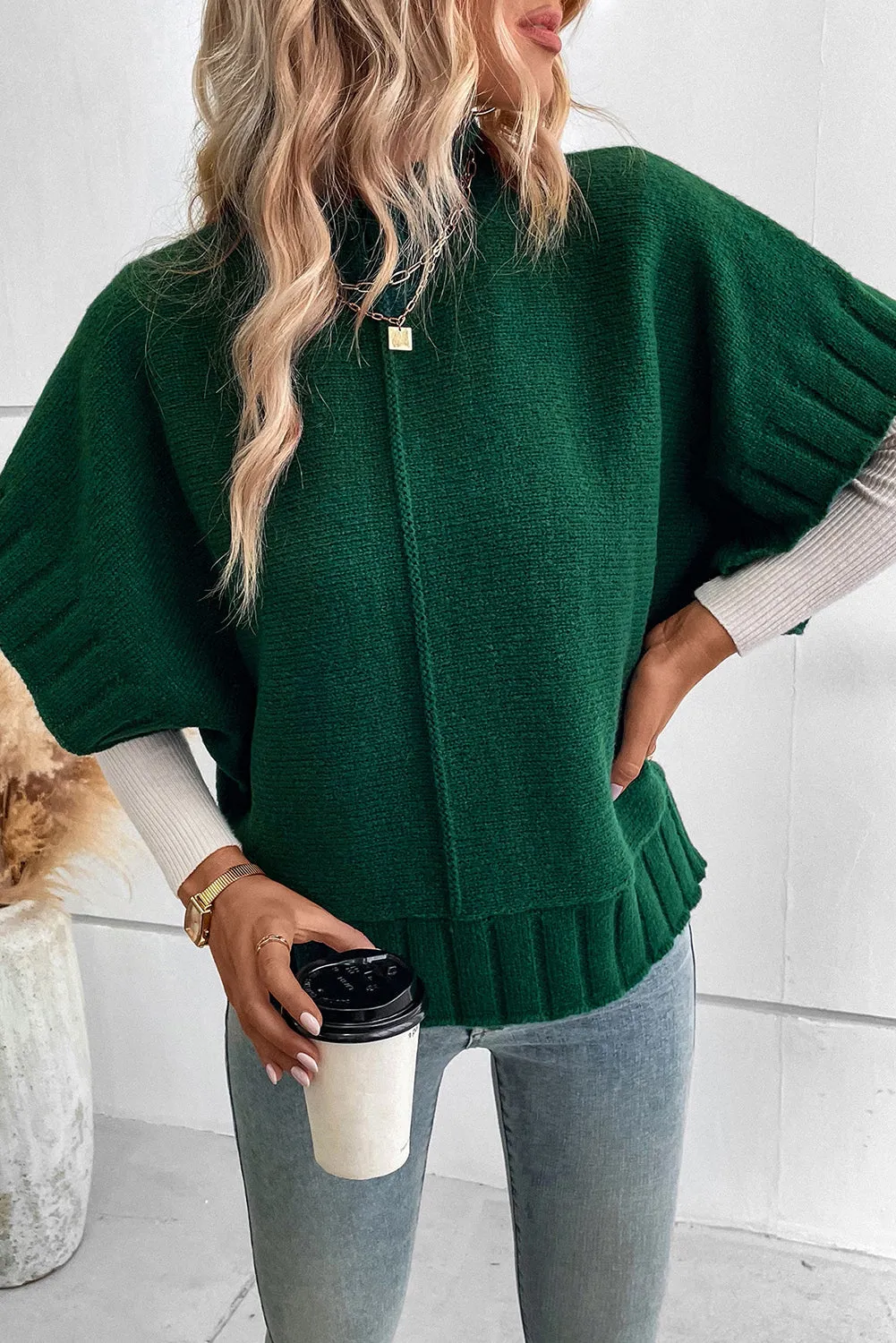 Blackish Green Mock Neck Batwing Sleeve Knit Sweater