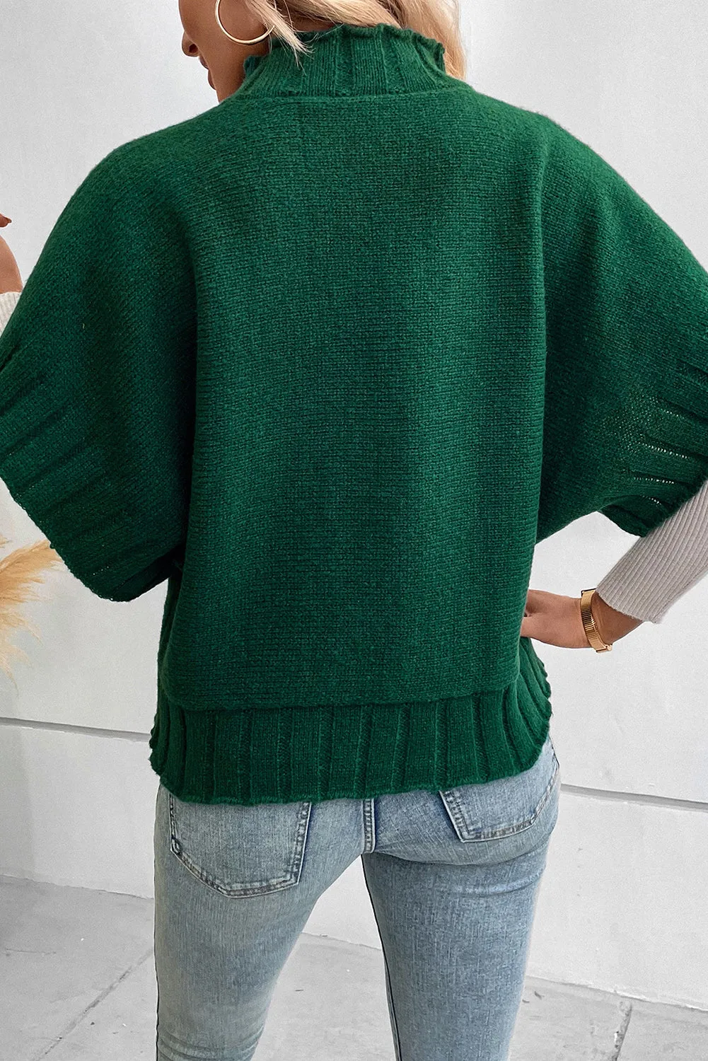 Blackish Green Mock Neck Batwing Sleeve Knit Sweater