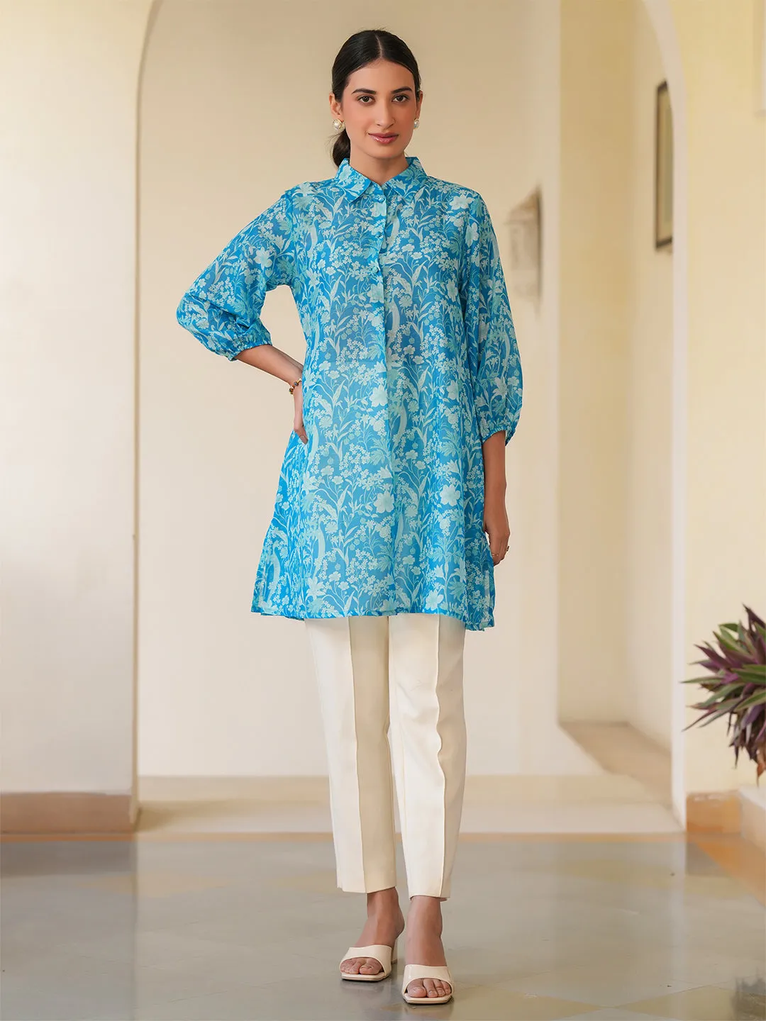 Blue Cotton Blend Floral Printed A-line Tunic  - By Janasya