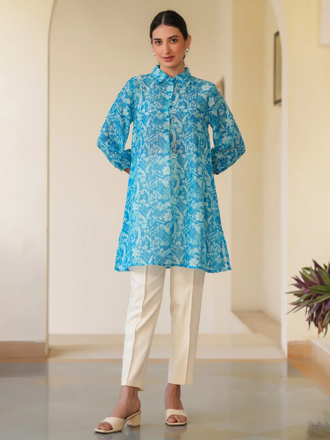 Blue Cotton Blend Floral Printed A-line Tunic  - By Janasya