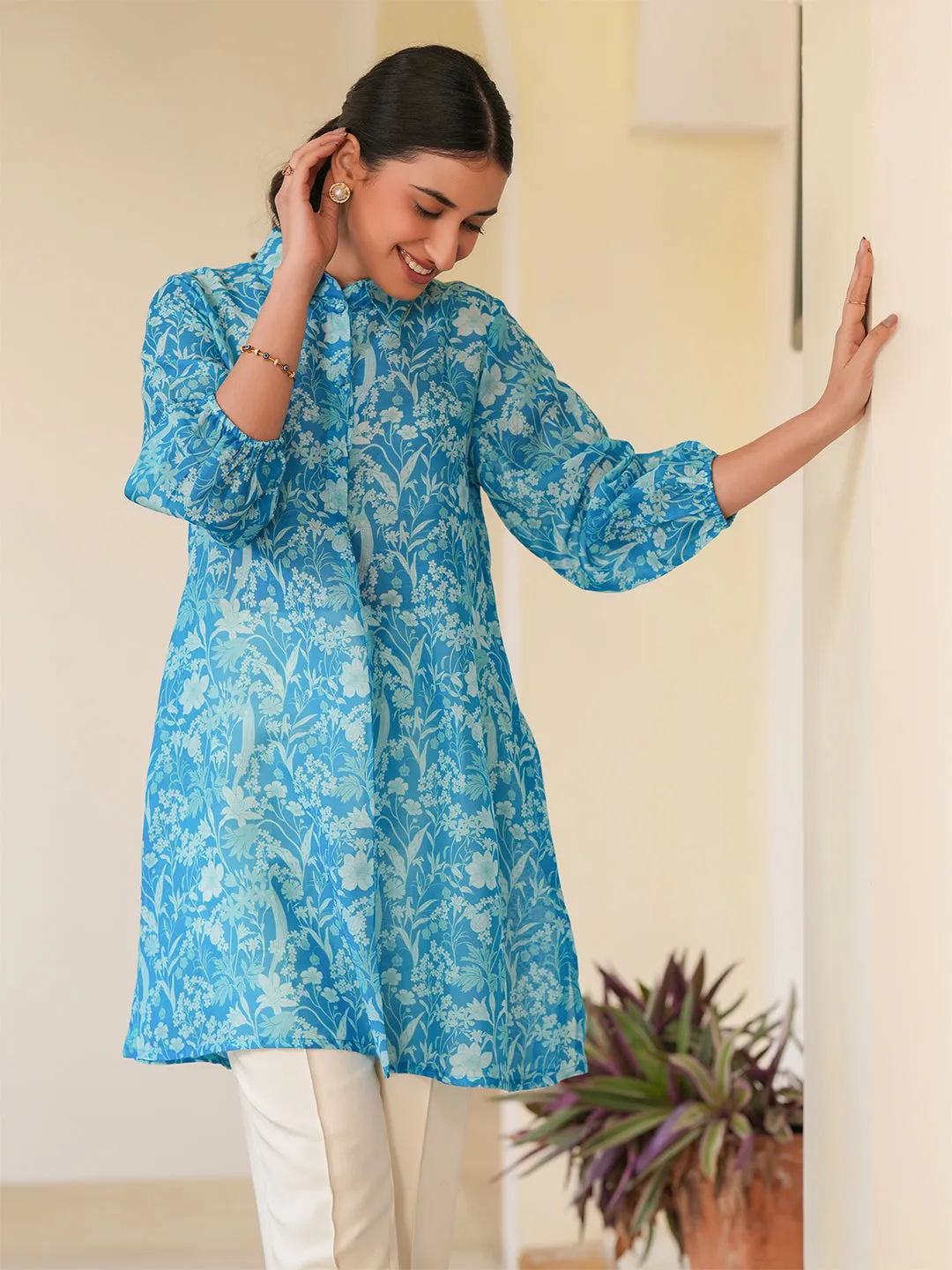 Blue Cotton Blend Floral Printed A-line Tunic  - By Janasya