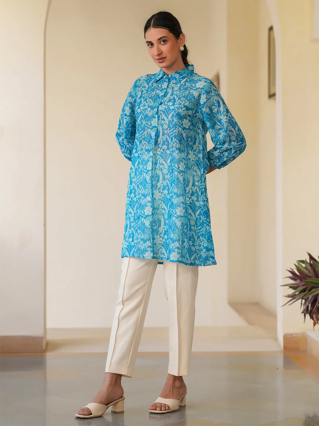Blue Cotton Blend Floral Printed A-line Tunic  - By Janasya
