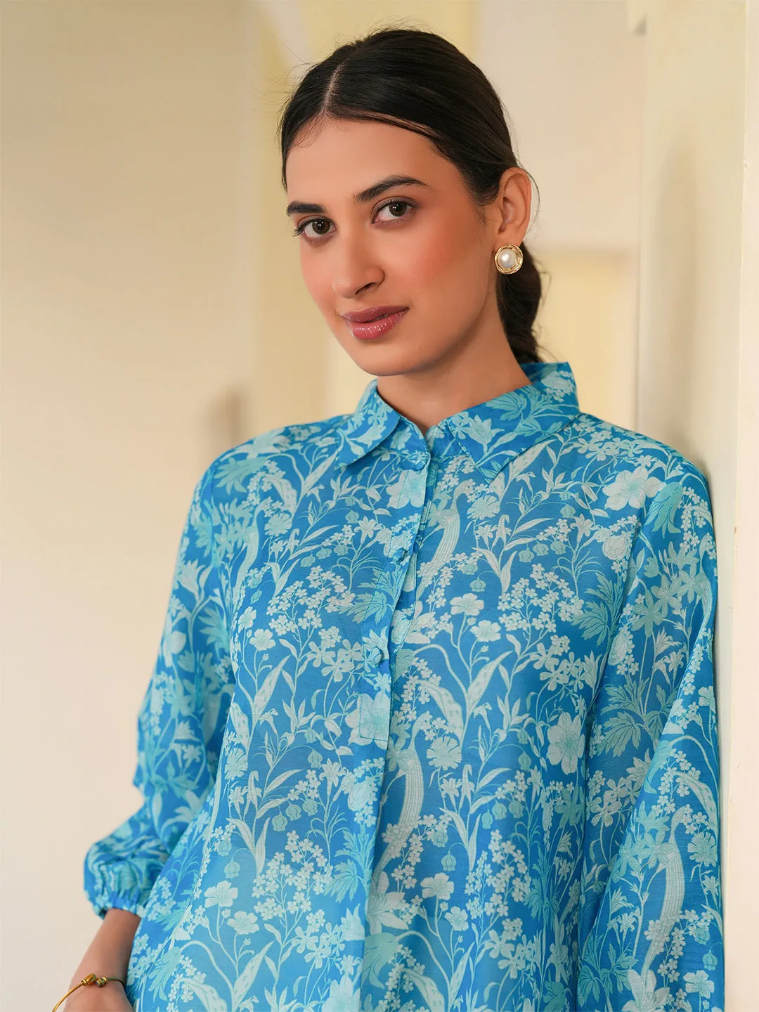 Blue Cotton Blend Floral Printed A-line Tunic  - By Janasya