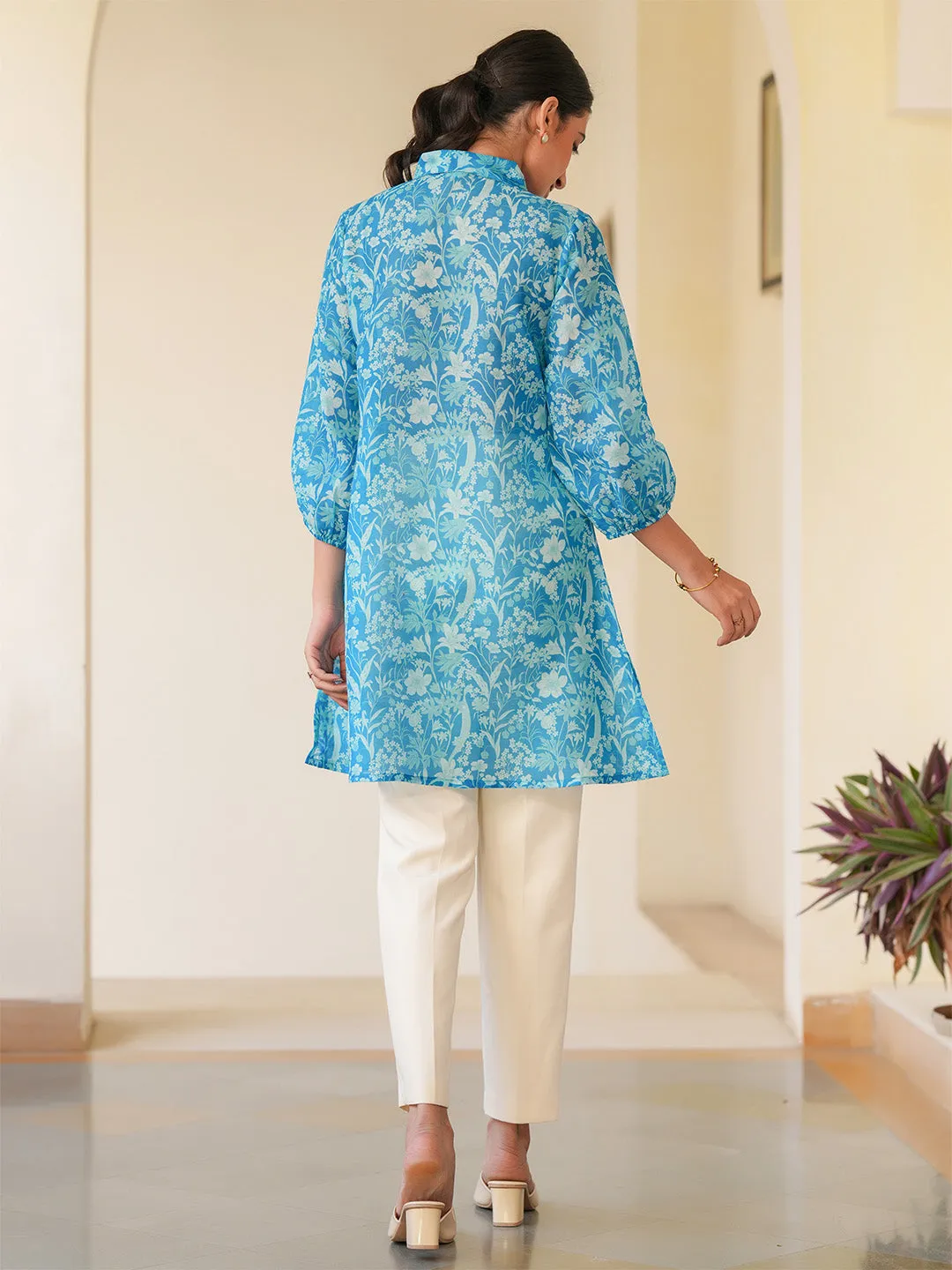 Blue Cotton Blend Floral Printed A-line Tunic  - By Janasya