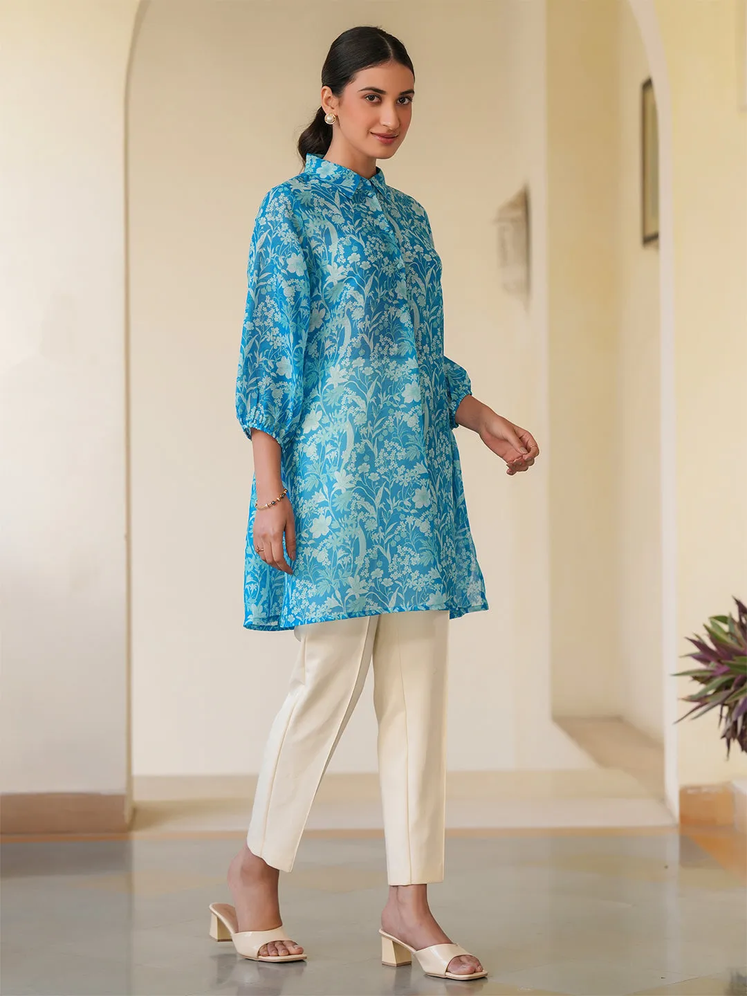 Blue Cotton Blend Floral Printed A-line Tunic  - By Janasya