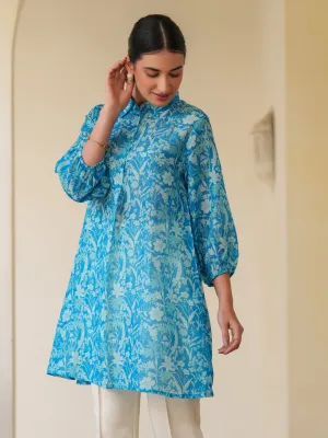 Blue Cotton Blend Floral Printed A-line Tunic  - By Janasya