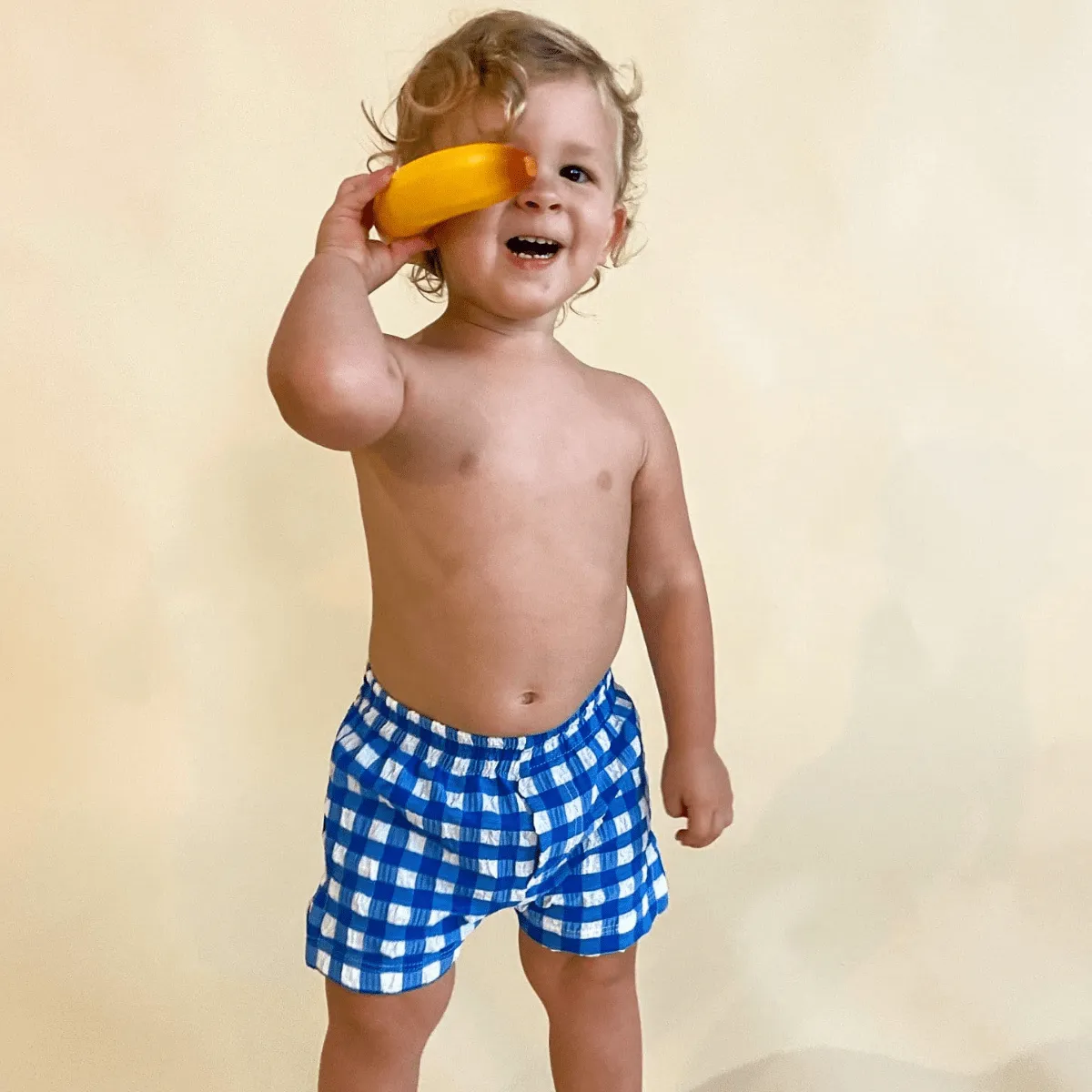Blue Gingham Mini Swim Trunk