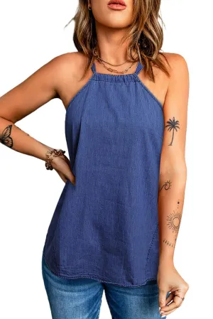Blue Halter Neck Denim Tank Top