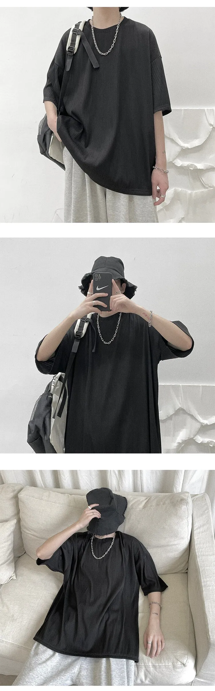 Bonsir Oversized Pleated T-shirt Men's Fashion Casual Loose Ice Silk Tshirt Men Streetwear Korean Summer Short-sleeved T Shirt Mens Top
