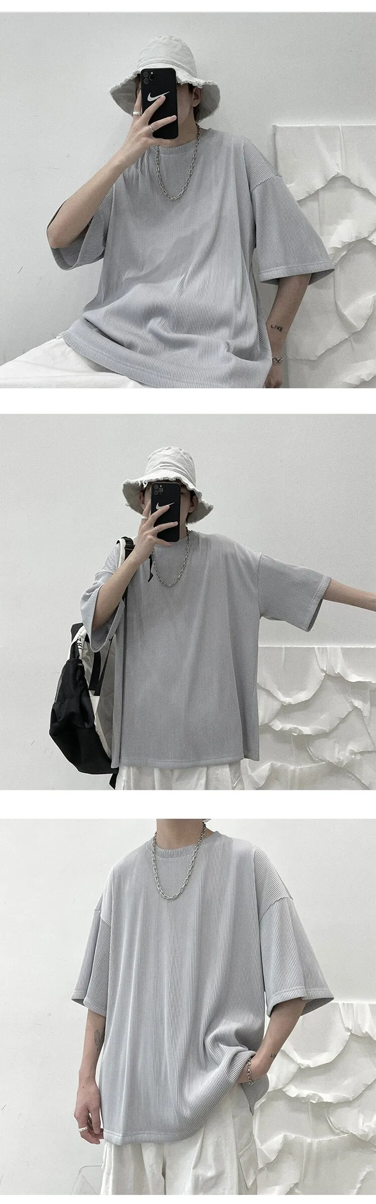 Bonsir Oversized Pleated T-shirt Men's Fashion Casual Loose Ice Silk Tshirt Men Streetwear Korean Summer Short-sleeved T Shirt Mens Top