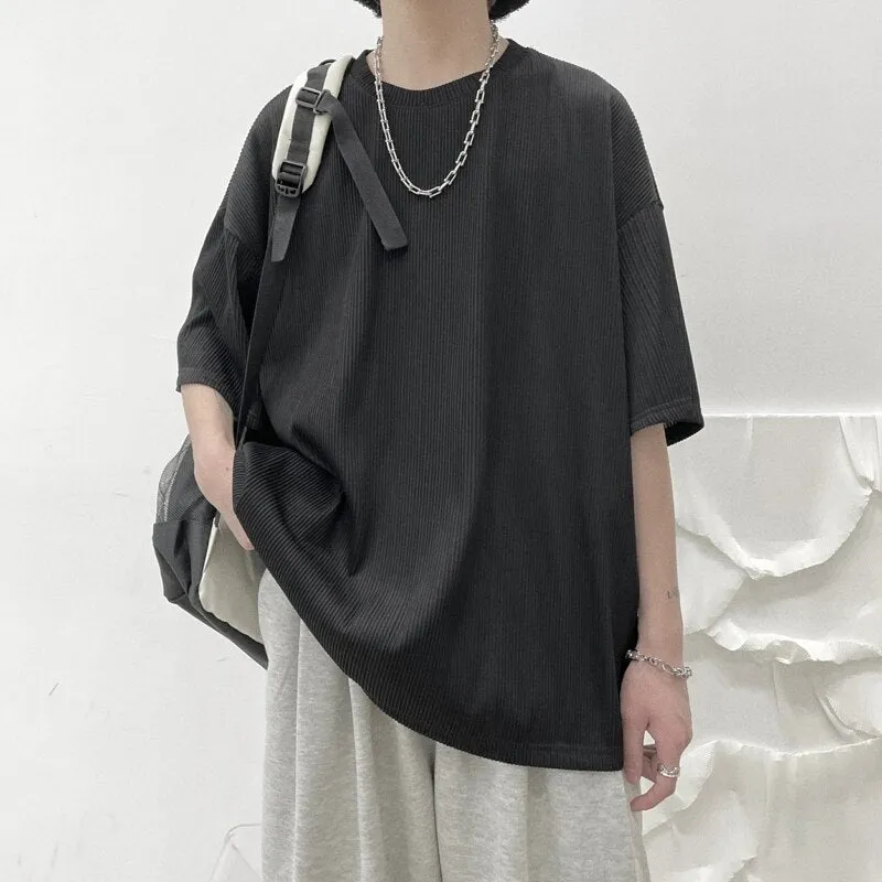 Bonsir Oversized Pleated T-shirt Men's Fashion Casual Loose Ice Silk Tshirt Men Streetwear Korean Summer Short-sleeved T Shirt Mens Top