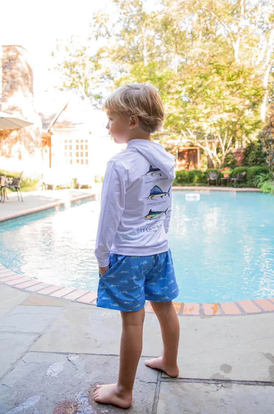 BOYS BOOGIE BOARD SWIM TRUNK IN FISH PRINT ON MARINA BLUE