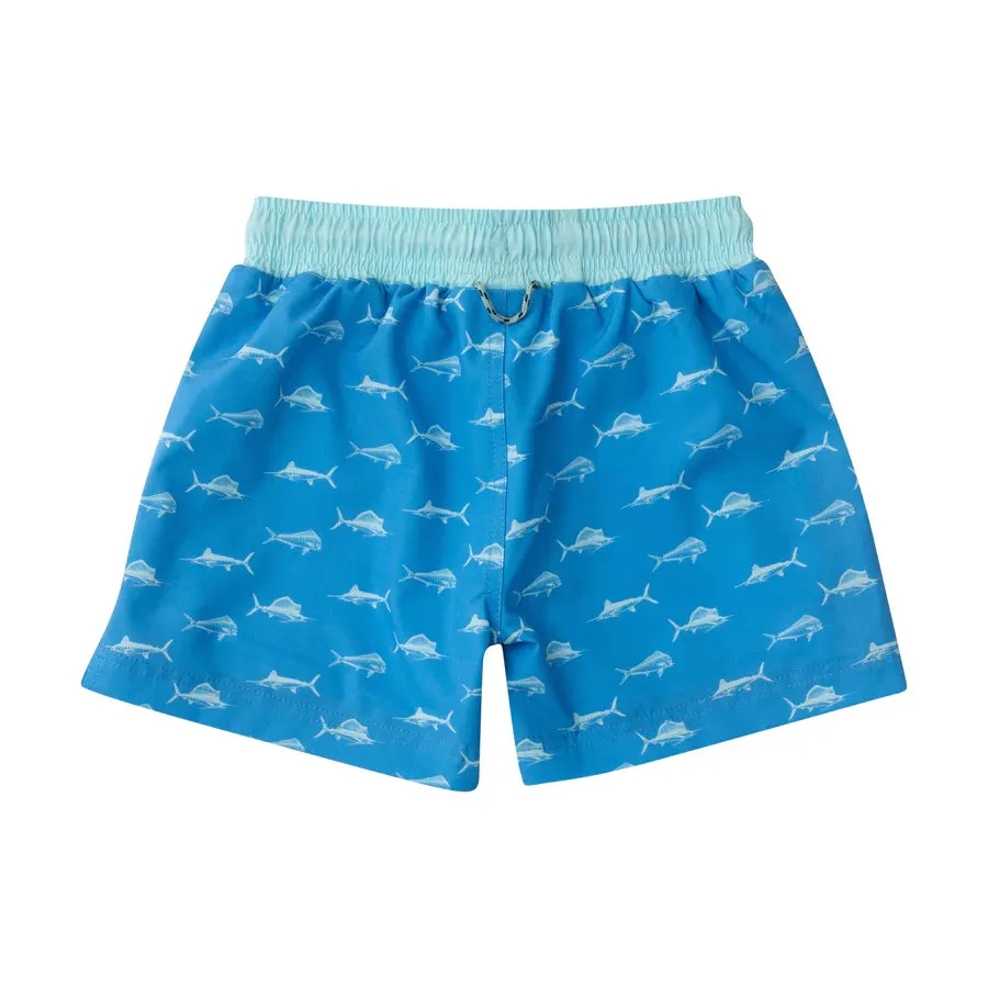 BOYS BOOGIE BOARD SWIM TRUNK IN FISH PRINT ON MARINA BLUE