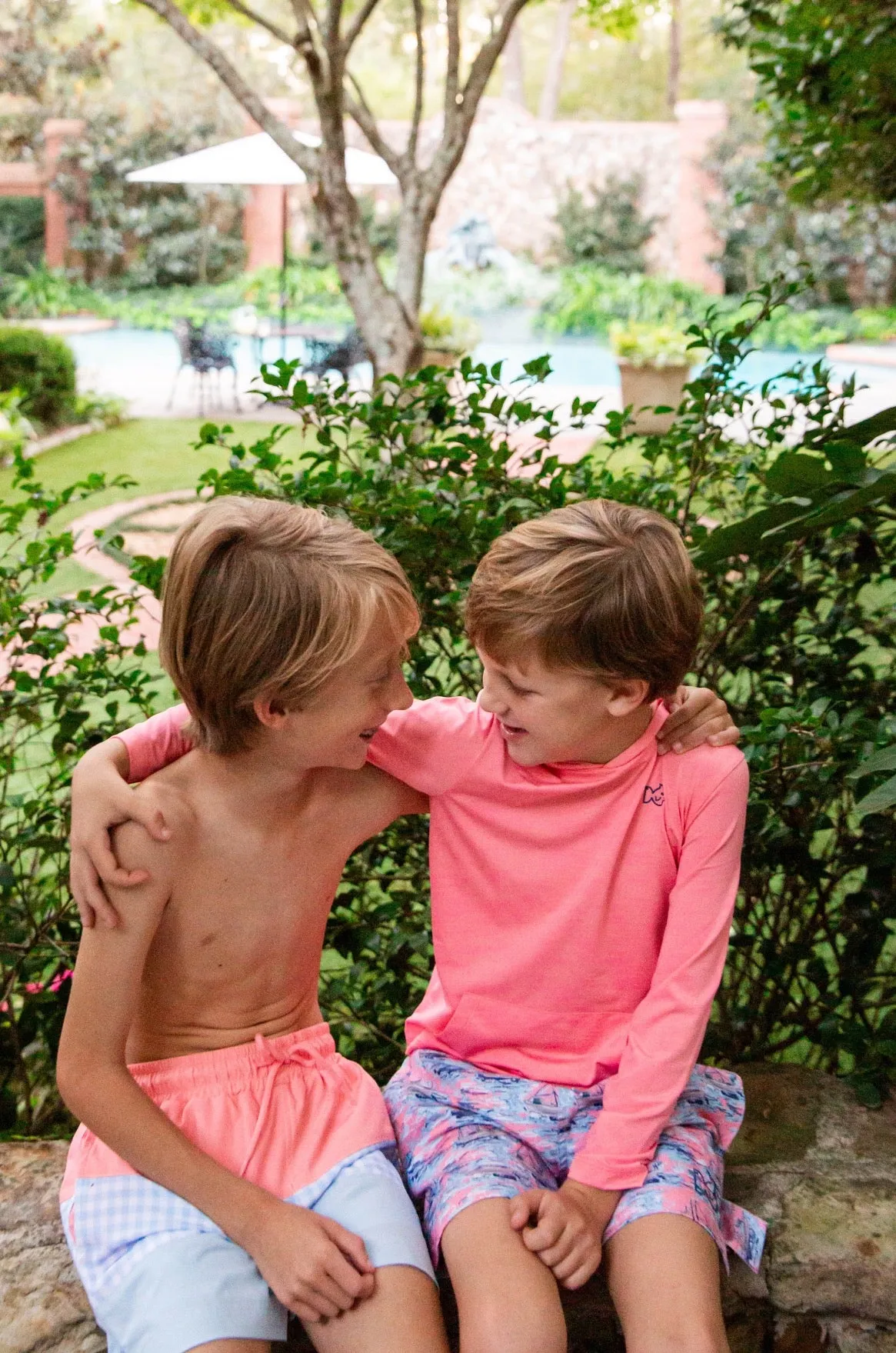 Boys' Boogie Board Swim Trunk in Flamingo and Clear Sky Blue Gingham Colorblock