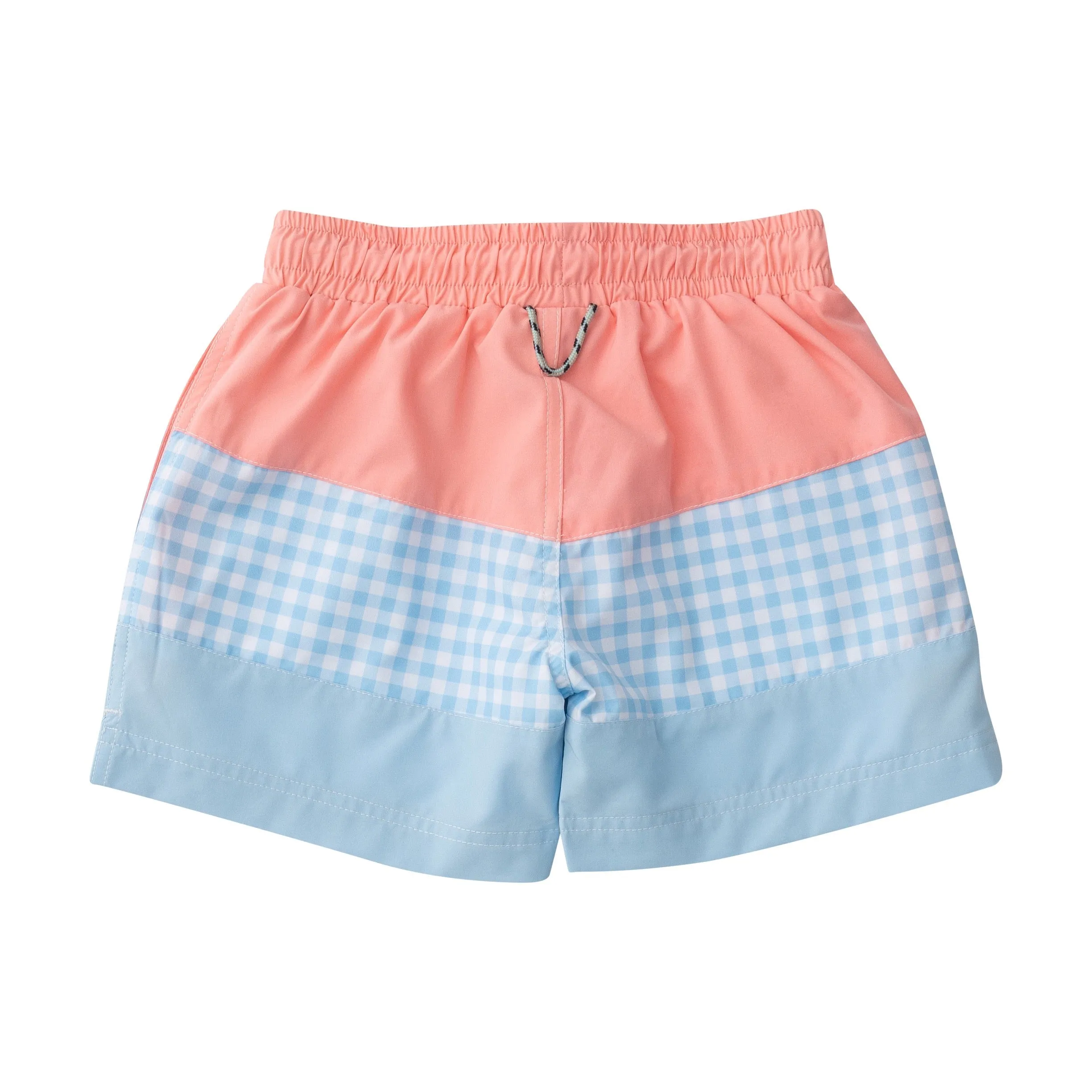 Boys' Boogie Board Swim Trunk in Flamingo and Clear Sky Blue Gingham Colorblock