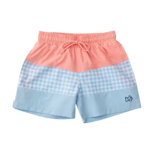 Boys' Boogie Board Swim Trunk in Flamingo and Clear Sky Blue Gingham Colorblock